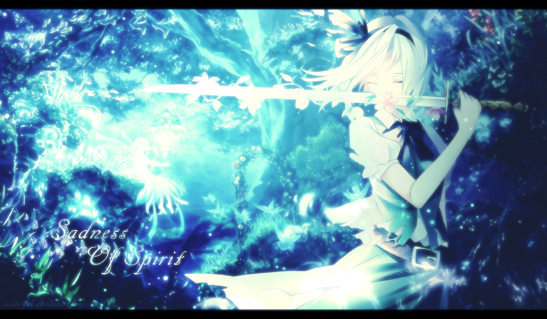 HD anime desktop wallpaper featuring Youmu Konpaku from Touhou, depicted playing a glowing flute amid a vibrant, mystical blue-green background.
