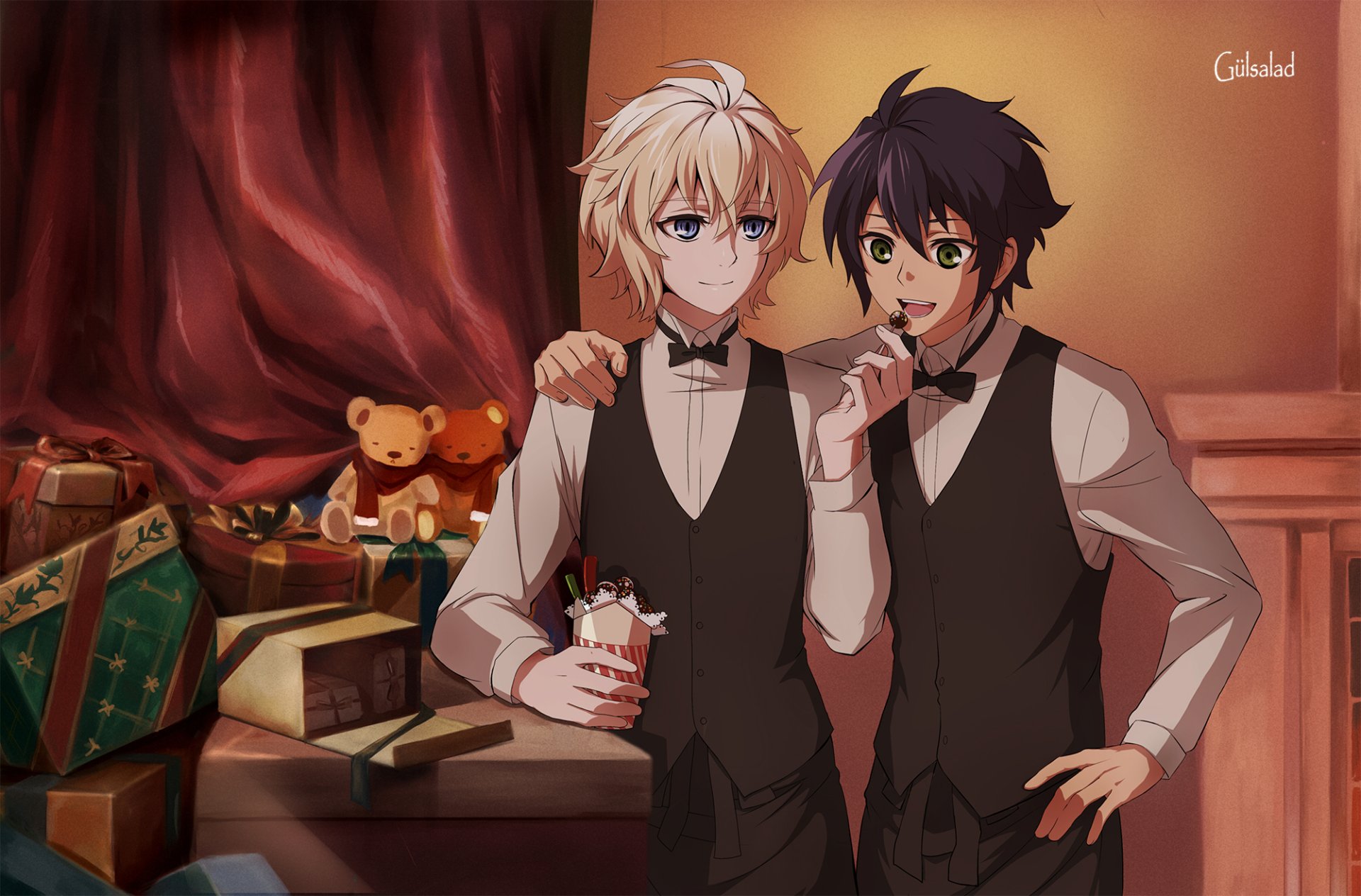 Mikaela and Yūichirō Hyakuya from Seraph of the End share a lighthearted moment in this HD desktop wallpaper, featuring a festive backdrop with gifts and teddy bears.