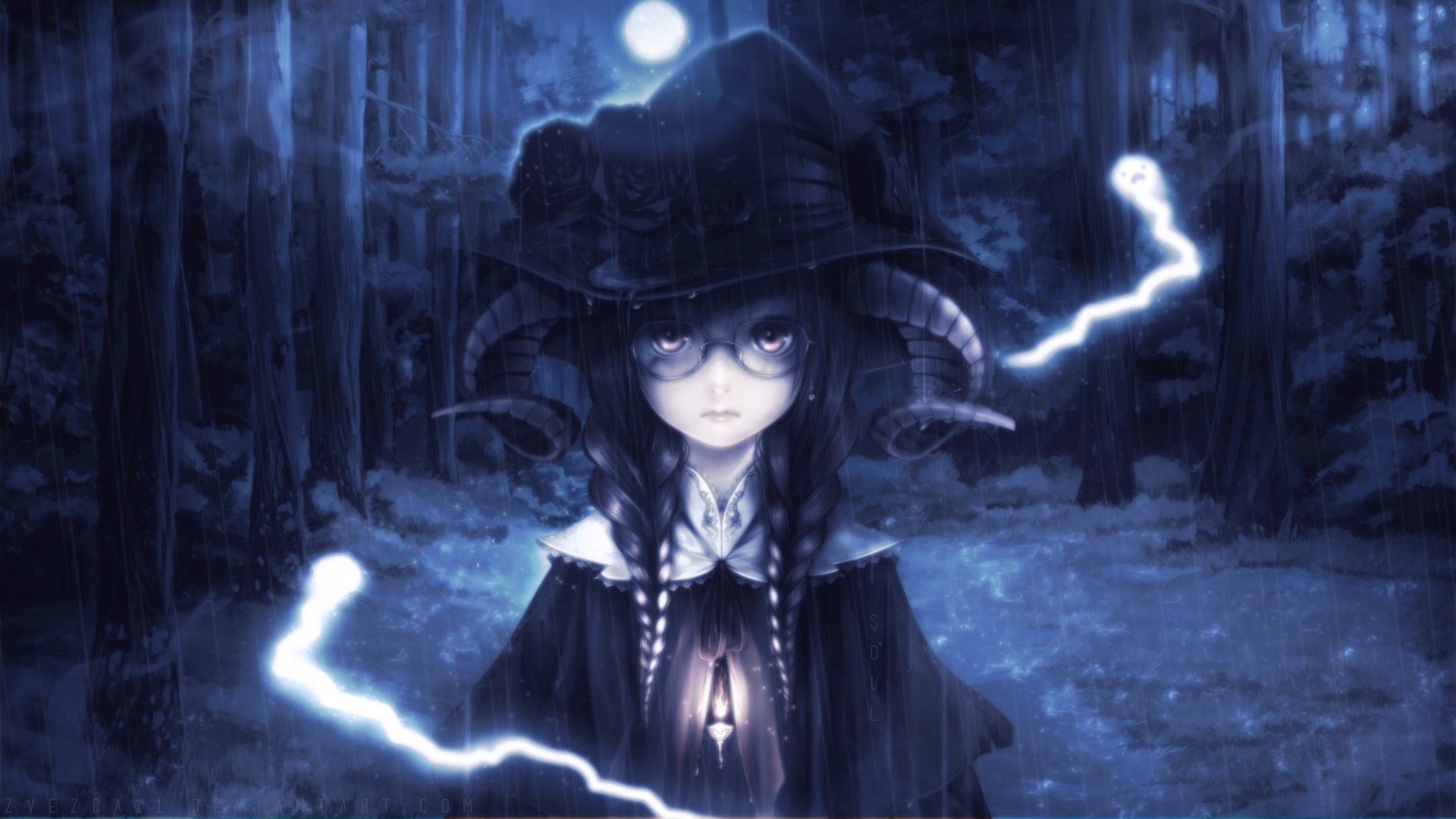 HD anime desktop wallpaper featuring an original demon character with horns, glasses, and dark attire, set against a moody, electrifying nighttime forest background.