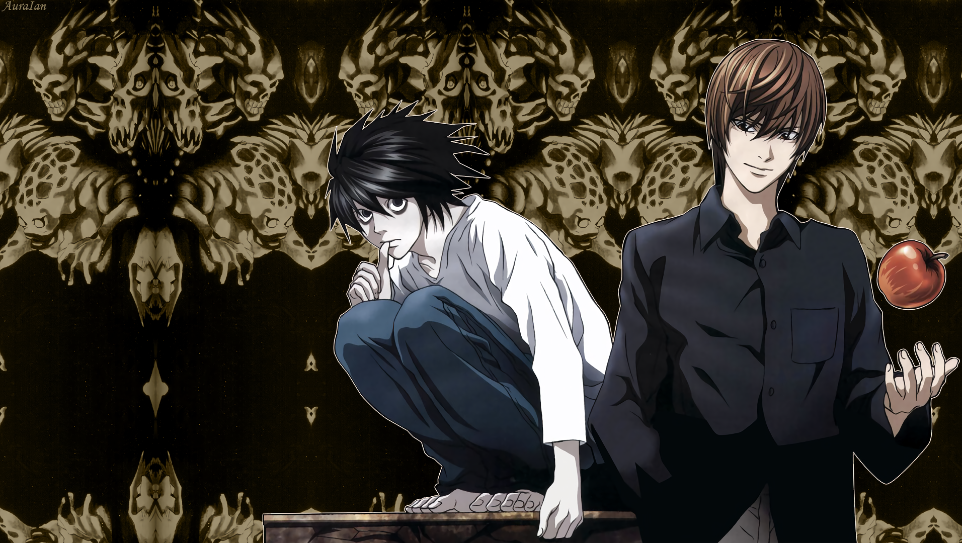 HD PC desktop wallpaper of Death Note anime: L crouched on a desk and Light Yagami holding an apple before a dark, ornate skull-patterned background.
