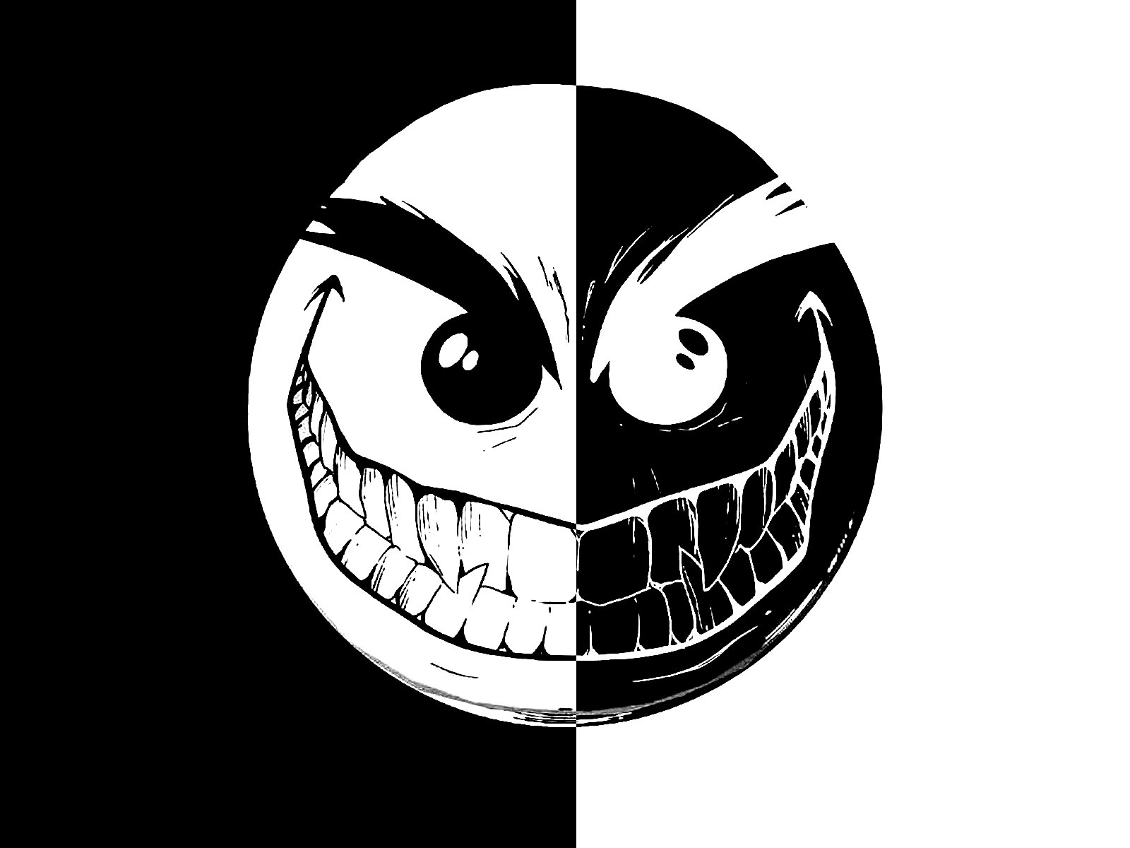 HD desktop wallpaper featuring a dark, artistic design of a menacing, split-faced grin in black and white.