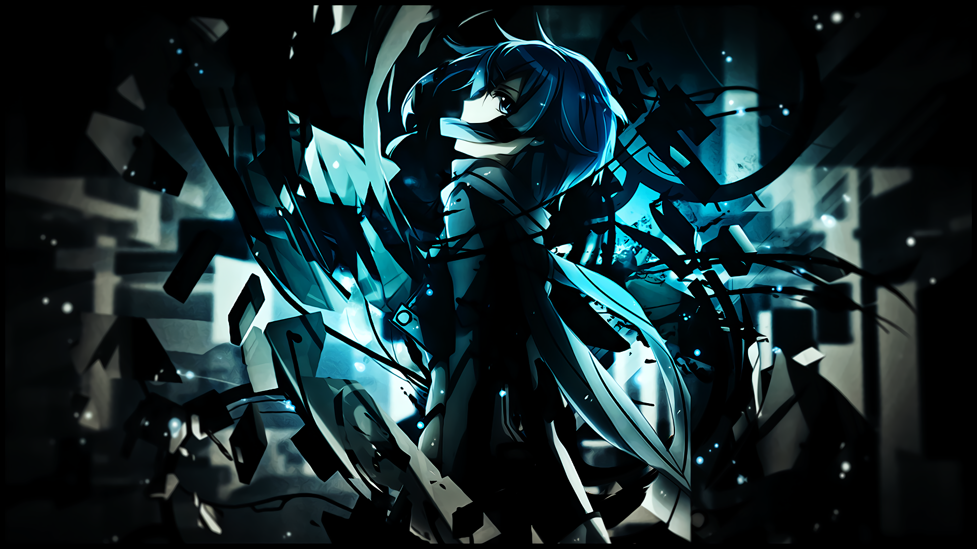 HD PC desktop wallpaper featuring an anime character from Sword Art Online II surrounded by shattered glass and glowing blue highlights.