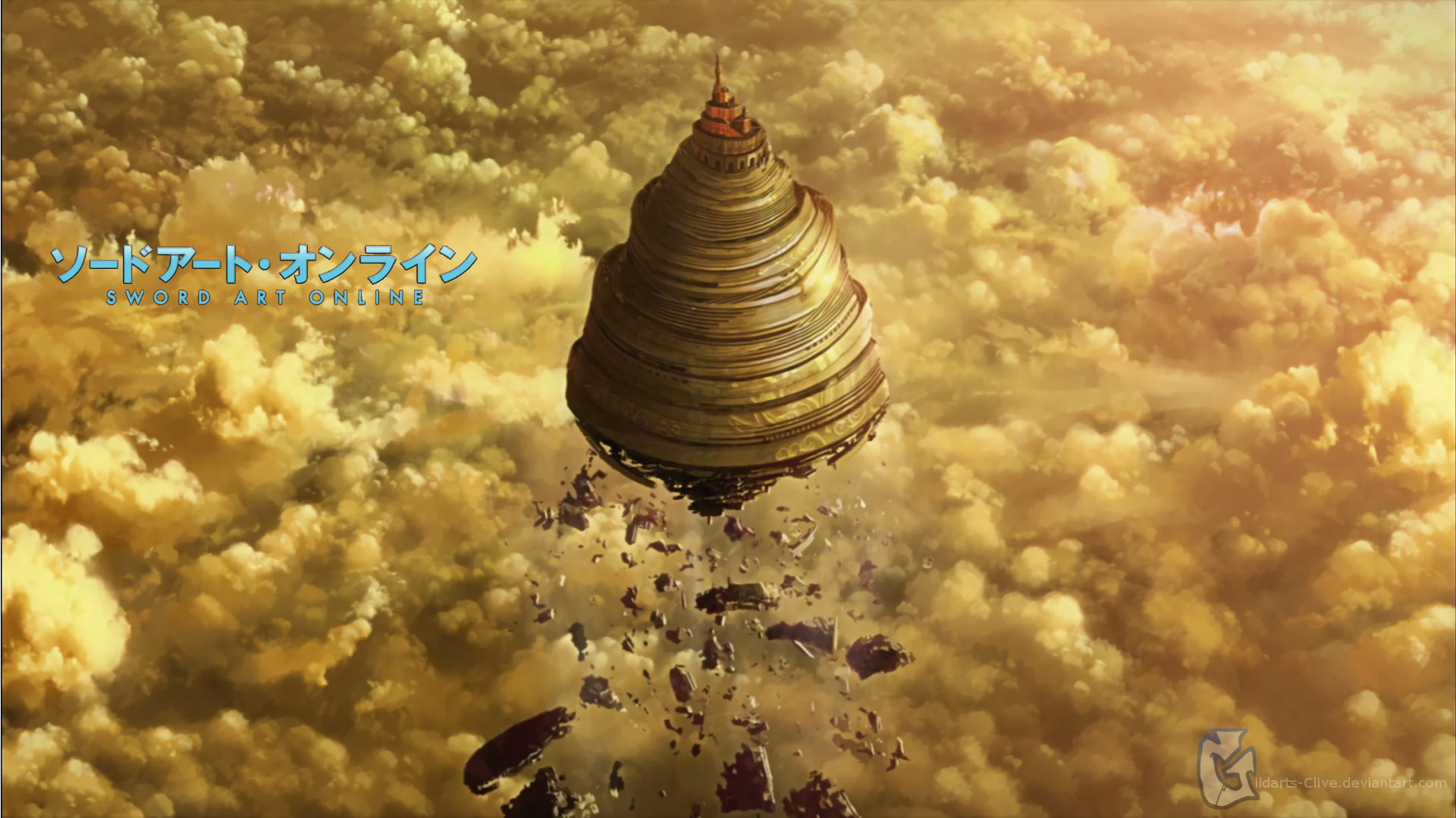 Anime HD desktop wallpaper from Sword Art Online featuring a large, spiraling tower floating above clouds in a golden sky.