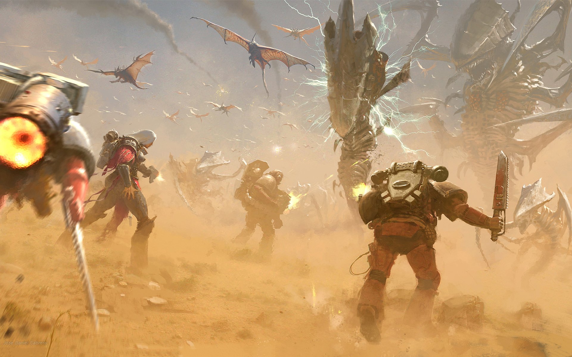 HD Warhammer 40k desktop wallpaper depicting armored warriors armed with weapons charging into battle against flying creatures in a dramatic war-torn landscape.