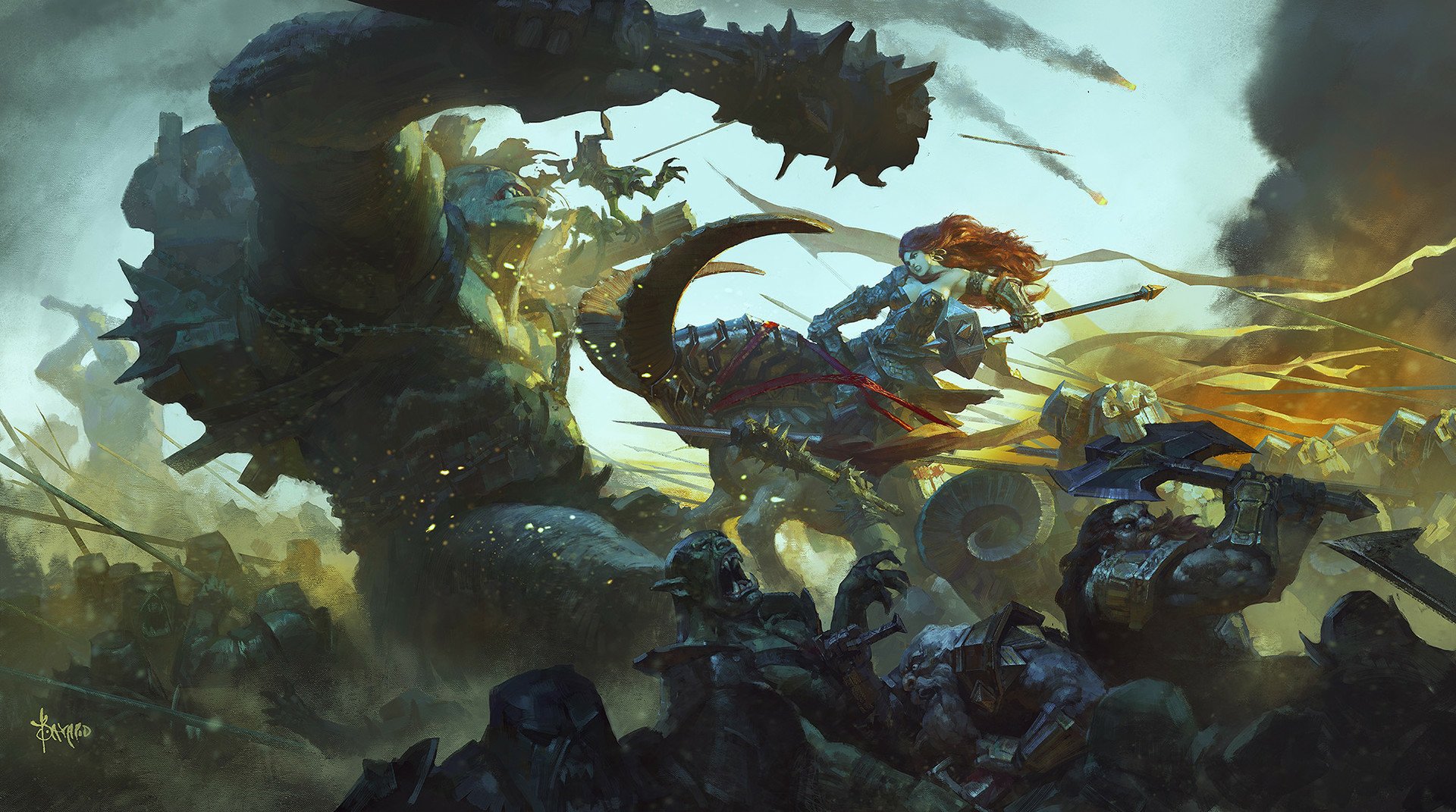 A fierce fantasy battle scene with a giant orc wielding an axe facing a dwarf and a woman warrior amidst smoke and chaos in an HD PC desktop wallpaper.