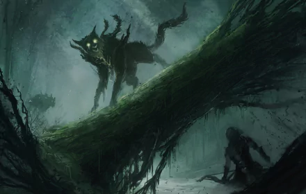 Dark fantasy HD PC wallpaper depicting a shadowy creature with glowing eyes standing on a mossy log in a misty, eerie forest setting.
