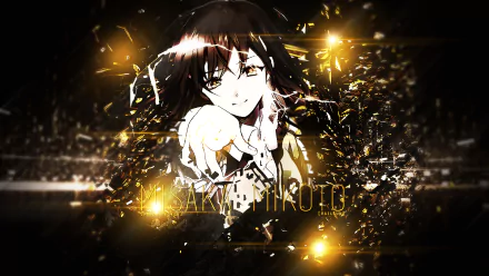 HD PC wallpaper of Mikoto Misaka from A Certain Scientific Railgun, reaching forward amid golden sparks and floating debris on a dark, glowing background.