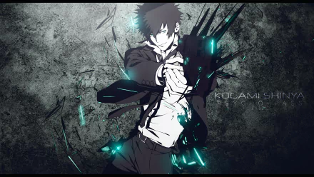 A dynamic HD desktop wallpaper featuring Shinya Kogami from the anime Psycho-Pass, showcasing an intense pose against a textured background with striking effects.
