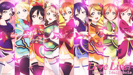 A vibrant HD wallpaper featuring characters from Love Live!, including Nico Yazawa, Eri Ayase, Nozomi Tojo, and others, celebrating their school idol journey together.