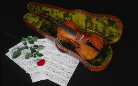 A still life HD wallpaper featuring a violin in an open case, a red rose resting on sheet music, against a dark background.