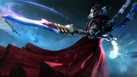 An epic HD desktop wallpaper from Warhammer 40,000: Dawn of War III, featuring a powerful character wielding a glowing weapon against a dynamic, cosmic background.