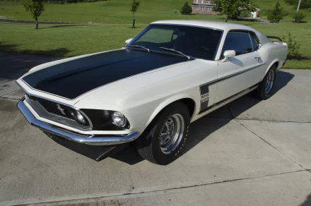 White 1969 Ford Mustang Boss 302 muscle car with black hood and side stripes parked on a driveway — HD desktop wallpaper background.