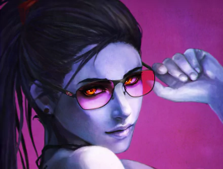 HD desktop wallpaper featuring Widowmaker from Overwatch, showcasing her striking orange eyes and sunglasses against a vibrant pink background.