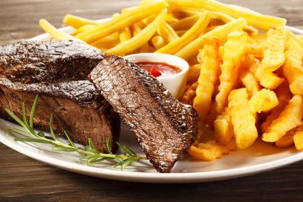 A 4K Ultra HD desktop wallpaper of a meal featuring a grilled steak, crinkle-cut french fries, ketchup, and garnished with rosemary on a white plate.