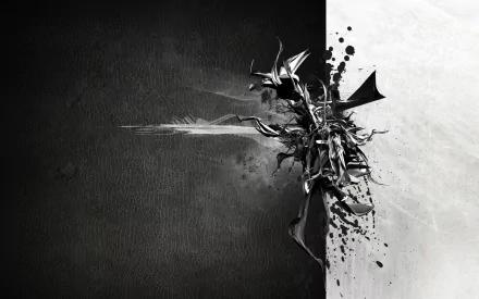 Abstract HD wallpaper featuring a stark contrast between black and white with intricate, chaotic shapes at the center.