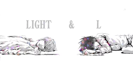 A striking HD desktop wallpaper featuring characters Light and L from the anime Death Note, presented in a minimalist style with an ethereal color palette.