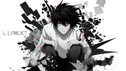 HD wallpaper featuring L from Death Note anime. L is depicted in his iconic crouching pose, surrounded by abstract black and white elements with his name Lawliet on the left.