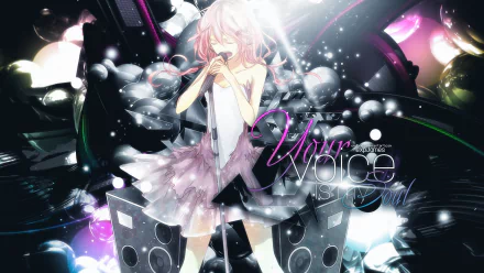 A dynamic HD wallpaper featuring Inori Yuzuriha from *Guilty Crown*, capturing her singing amidst vibrant colors and music-themed elements.