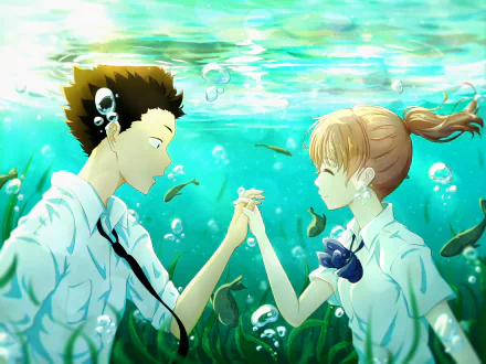 HD desktop wallpaper featuring Shouya Ishida and Shouko Nishimiya from the anime A Silent Voice, holding hands underwater, surrounded by fish and aquatic plants.