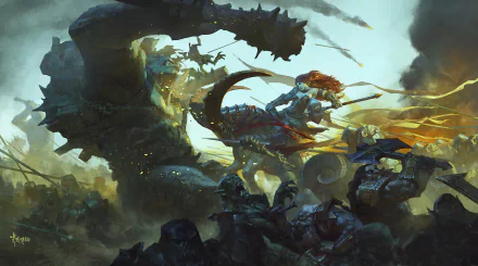 A fierce fantasy battle scene with a giant orc wielding an axe facing a dwarf and a woman warrior amidst smoke and chaos in an HD PC desktop wallpaper.