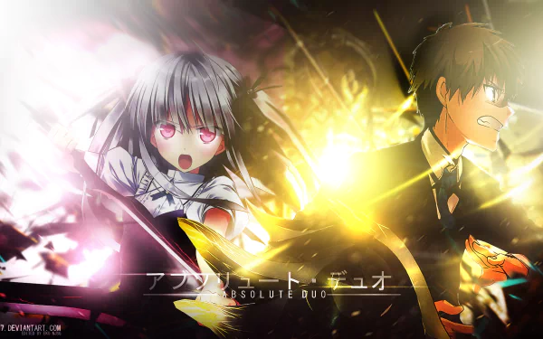 HD desktop wallpaper featuring characters from the anime Absolute Duo, showcasing dynamic visuals and vibrant colors in an action-packed scene.