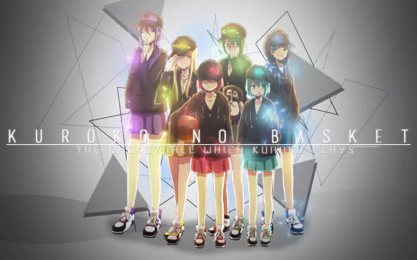 HD PC desktop wallpaper featuring the main characters from the anime Kuroko's Basketball in vibrant colors with geometric gray shapes in the background.