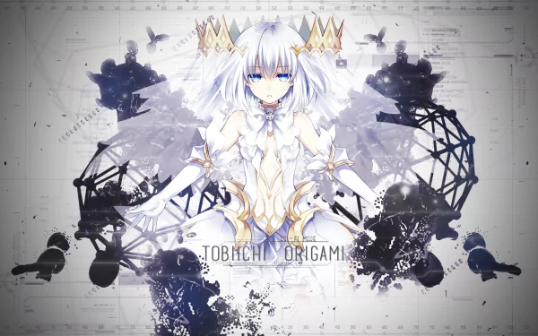 HD desktop wallpaper featuring Origami Tobiichi from the anime Date A Live, with intricate and artistic background elements surrounding the central character.
