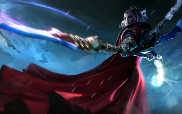 An epic HD desktop wallpaper from Warhammer 40,000: Dawn of War III, featuring a powerful character wielding a glowing weapon against a dynamic, cosmic background.