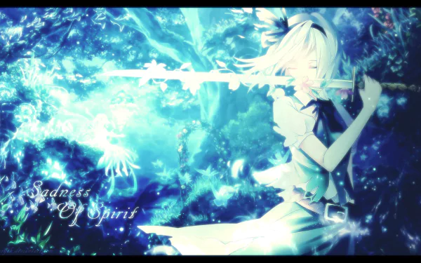 HD anime desktop wallpaper featuring Youmu Konpaku from Touhou, depicted playing a glowing flute amid a vibrant, mystical blue-green background.