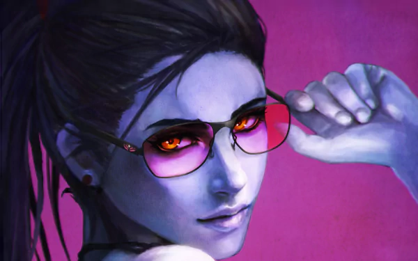 HD desktop wallpaper featuring Widowmaker from Overwatch, showcasing her striking orange eyes and sunglasses against a vibrant pink background.