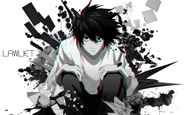 HD wallpaper featuring L from Death Note anime. L is depicted in his iconic crouching pose, surrounded by abstract black and white elements with his name Lawliet on the left.