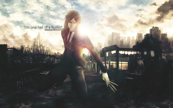 A dramatic HD wallpaper featuring Sebastian Michaelis from the anime Black Butler, capturing his enigmatic presence against a backdrop of a city skyline and a glowing sunset.