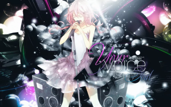 A dynamic HD wallpaper featuring Inori Yuzuriha from *Guilty Crown*, capturing her singing amidst vibrant colors and music-themed elements.