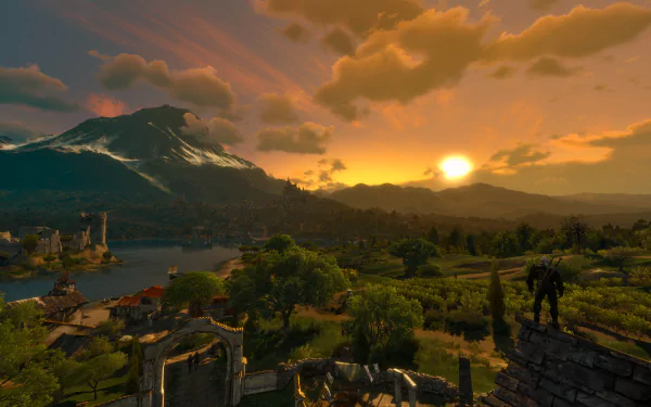 Sunset over a detailed landscape from The Witcher 3: Wild Hunt - Blood and Wine, showcased in 8K Ultra HD as a PC desktop wallpaper and background.