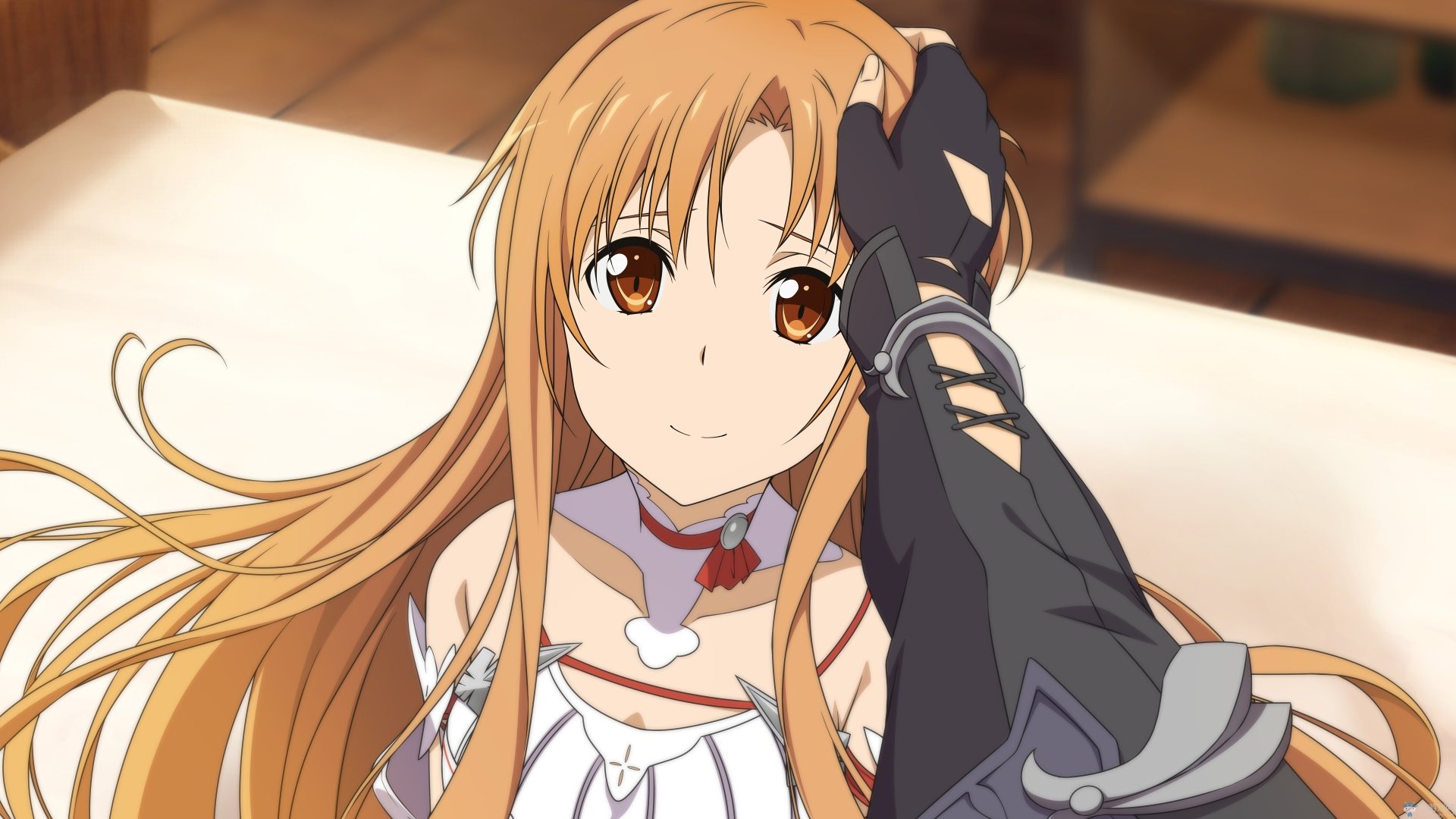 Asuna Yuuki from the anime Sword Art Online, depicted in a vibrant 4K Ultra HD wallpaper, showcasing her signature long hair and warm expression.