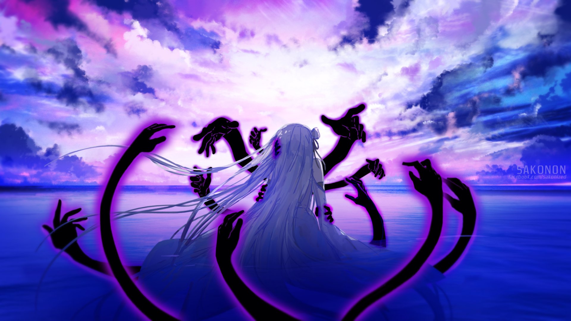 A stunning HD wallpaper featuring Emilia from Re:ZERO - Starting Life in Another World, set against a dramatic purple and blue sky with enigmatic shadowy hands emerging from the water.