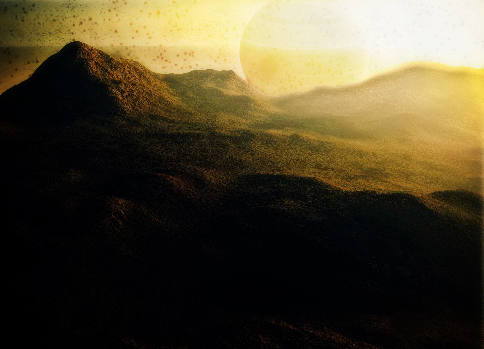 Artistic HD nature wallpaper featuring dark mountain silhouettes against a glowing, hazy sunrise or sunset background.