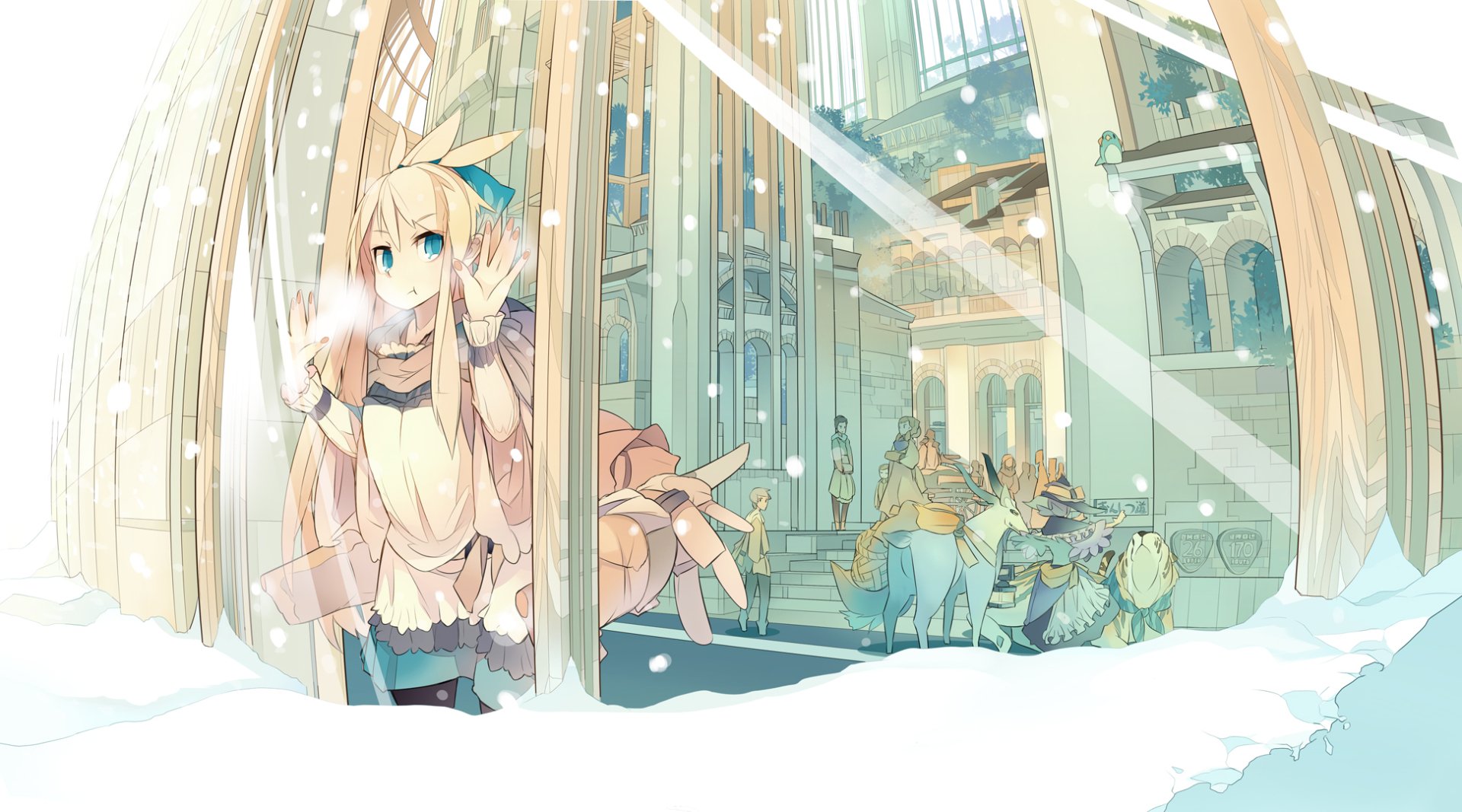 A whimsical anime scene featuring a girl in a snowy landscape, surrounded by ethereal architecture and fantastical creatures, serving as a captivating HD desktop wallpaper.