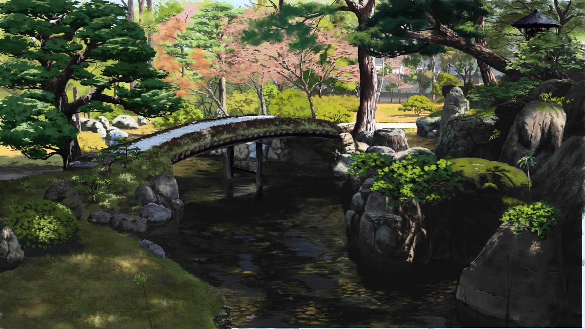 HD anime desktop wallpaper featuring a serene Japanese garden with a stone bridge arching over a calm stream, surrounded by lush greenery and colorful trees.