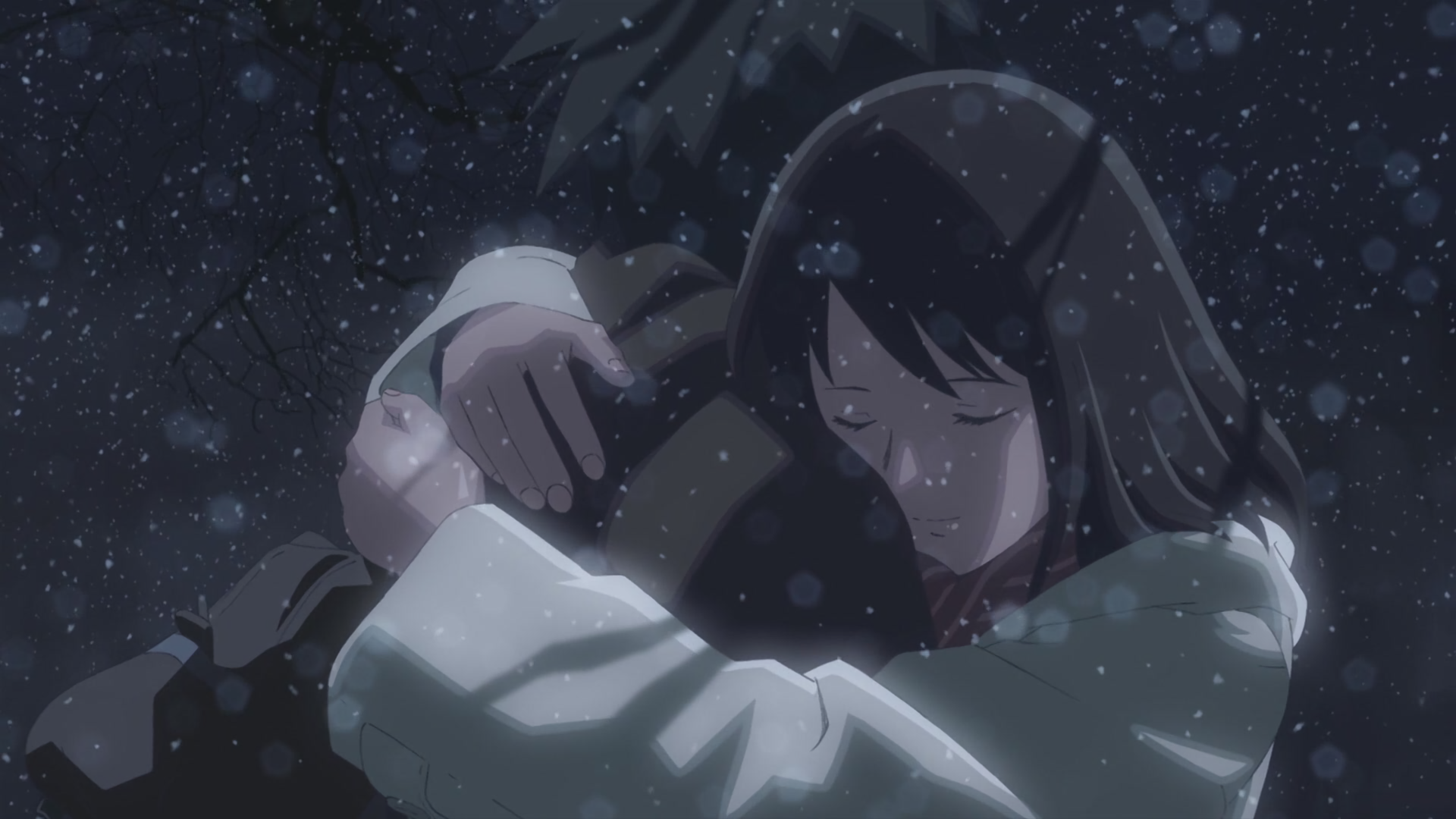 Anime-style HD wallpaper depicting Takaki Touno and Akari Shinohara embracing from 5 Centimeters per Second under a softly falling snow.