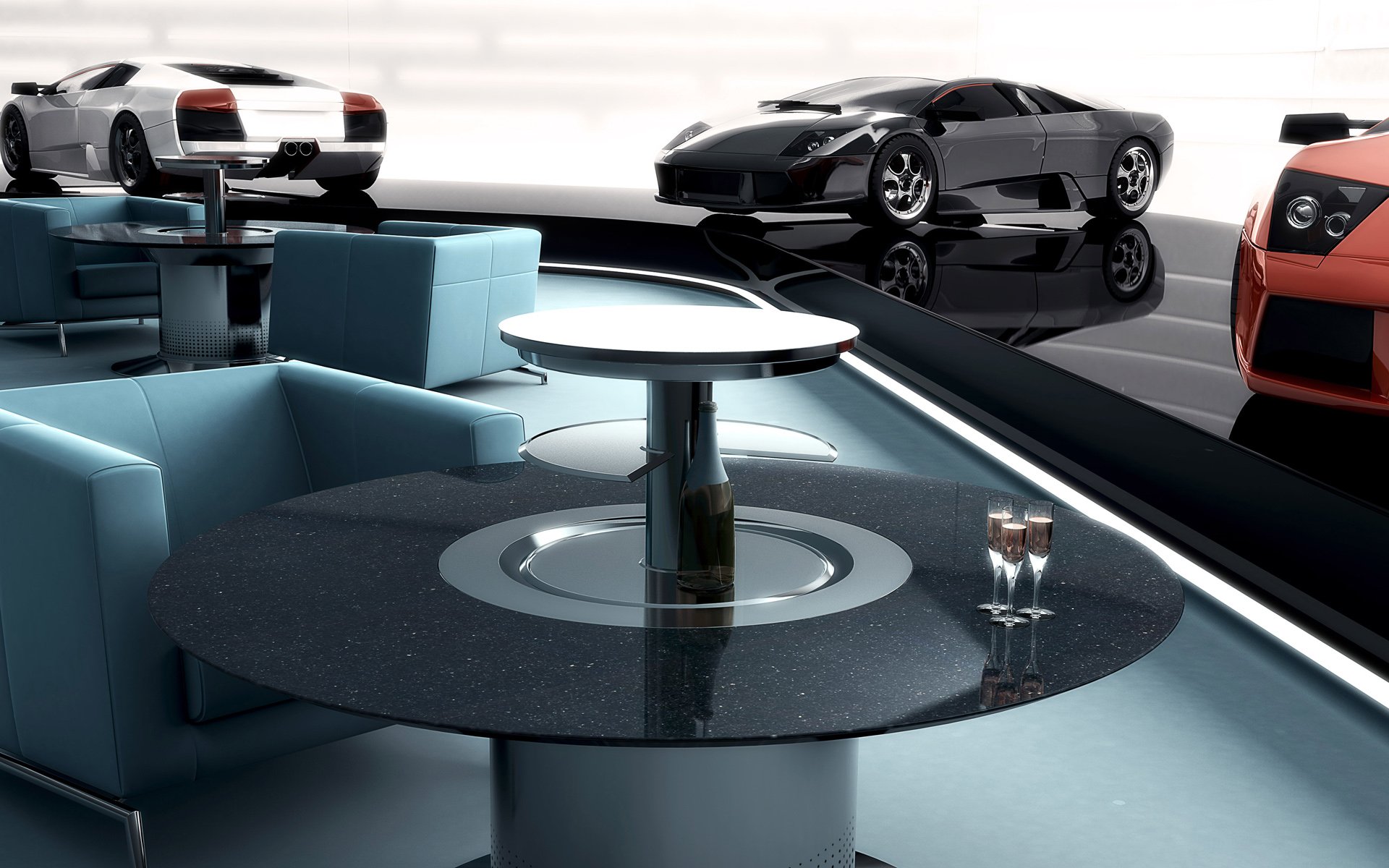A sleek interior featuring a stylish table and seating, with a stunning Lamborghini Murcielago and other vehicles in the background, creating a sophisticated HD desktop wallpaper.