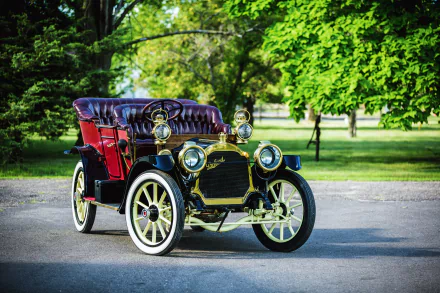 Vintage 1910 Packard Model 18 Touring NB car with polished brass details, set against a lush green park background in this 4K Ultra HD desktop wallpaper.