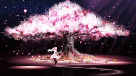 HD anime desktop wallpaper featuring a glowing cherry blossom tree in full spring bloom with a girl dancing beneath it, set against a starry night background.
