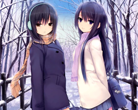 Anime-style HD PC desktop wallpaper featuring two original female characters in winter attire, standing in a snowy forest background.