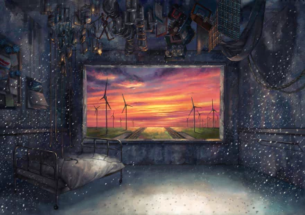 An anime-themed room features a large window showcasing a vibrant sunset with wind turbines in the distance, creating a serene and imaginative atmosphere. HD PC desktop wallpaper.