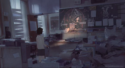 A serene anime room scene featuring a girl standing in a cluttered classroom, illuminated by soft light as she gazes at a chalkboard filled with notes and drawings. HD desktop wallpaper.