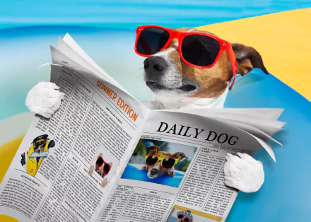 A funny Jack Russell Terrier wearing red sunglasses reads a summer edition newspaper. HD desktop wallpaper background.