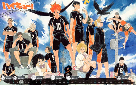 HD PC desktop wallpaper featuring the Haikyū!! anime volleyball team in dynamic poses under a bright blue sky with crows flying around.