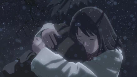 Anime-style HD wallpaper depicting Takaki Touno and Akari Shinohara embracing from 5 Centimeters per Second under a softly falling snow.