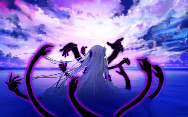 A stunning HD wallpaper featuring Emilia from Re:ZERO - Starting Life in Another World, set against a dramatic purple and blue sky with enigmatic shadowy hands emerging from the water.
